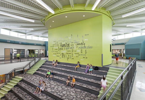 A Learning Stair is one of many features that implies the importance of learning and collaboration at the new Hamilton Elementary School in Moline, Illinois. It’s a safe, comfortable feature that allows for a variety of learning experiences. 