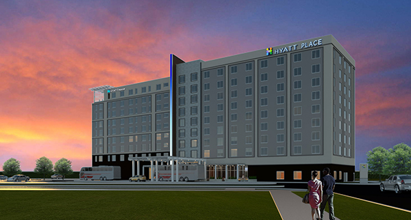 As The Bend’s tallest structure, the nine-story Hyatt Place and Hyatt House hotels will take advantage of their prominent location along the Mississippi River.