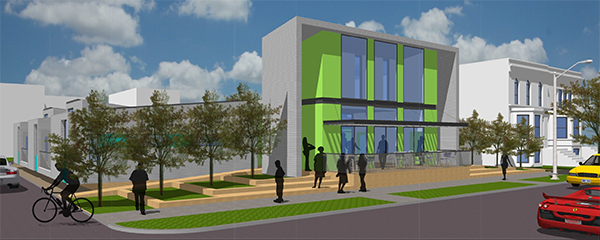 Community and economy drove Ted Haug’s modular concept. The “community room” along the main street addresses the height of adjacent brownstones.