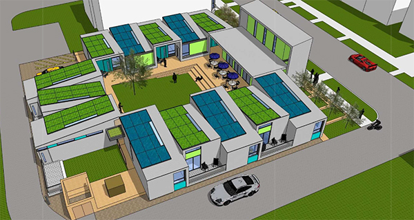 Staggered units capped with photovoltaic panels surround a courtyard.