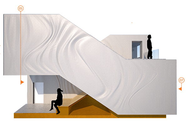 An inside-out tunnel: Johnson and Menk used a non-traditional application of a spray-on concrete called shotcrete to give the Lift Loft façade a wrinkled effect.