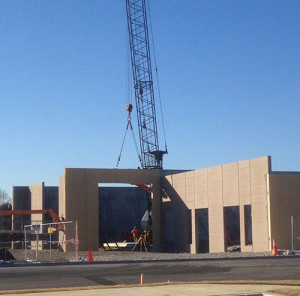 Basic erection of precast concrete panels at the College of DuPage Campus Maintenance Center took only a week.