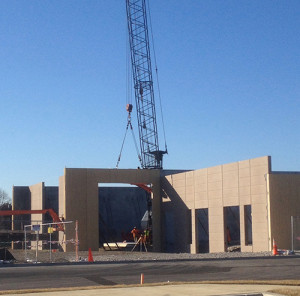 Basic erection of precast concrete panels at the College of DuPage Campus Maintenance Center took only a week.