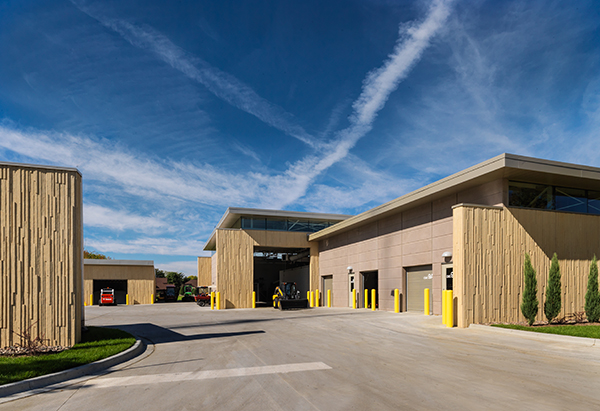 Precast concrete panels at the main Campus Maintenance Center (right) were manufactured in 40 days, while the storage building (back left) panels were made in 20 days.