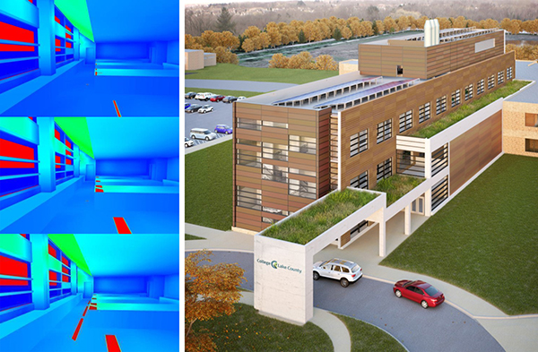 The College of Lake County’s high-performing Science and Engineering Building was conceptualized during the sustainable campus master planning process. Now under construction, the facility was designed to achieve LEED-NC Platinum certification by the U.S. Green Building Council. Extensive energy modeling, daylighting studies, and photovoltaics on the roof help reduce predicted energy use intensity (pEUI) by 67% compared to a baseline building of similar use.
