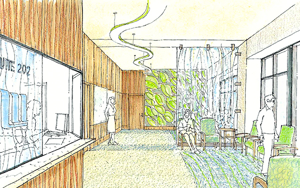 With the right mix of materials and furnishings, it’s entirely possible to create healthcare interiors that are both contemporary and welcoming. Sketch courtesy Steve Blye. 