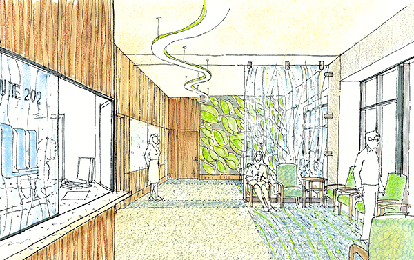 With the right mix of materials and furnishings, it’s entirely possible to create healthcare interiors that are both contemporary and welcoming. Sketch courtesy Steve Blye.