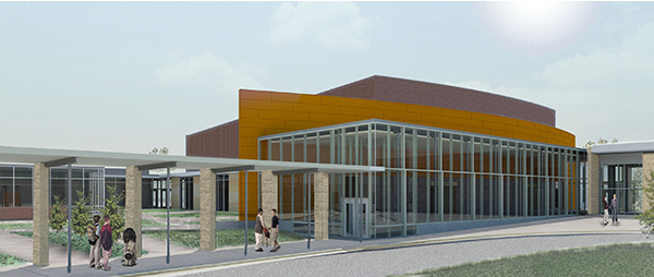 Glass walls will display the Marquardt Performing Arts Center lobby, as well as a curving wall of terra cotta panels and the masonry of the 500-seat auditorium.