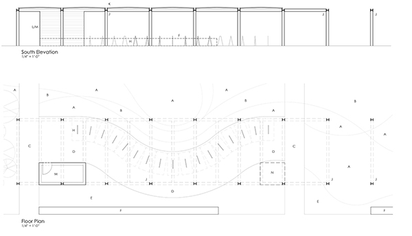 Evan Menk’s concept includes a simple steel frame and a bike path that winds through part of the shelter.