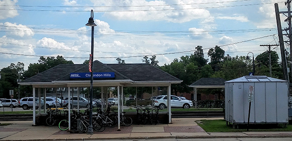 A jumble of bicycles in the existing Clarendon Hills commuter shelter