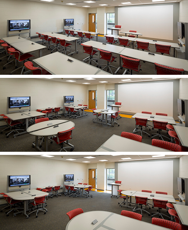 College of Lake County uses this mock-up flexible classroom to test how students respond to different arrangements and teaching styles.