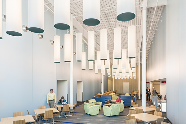 The HTC lobby includes energy-efficient LED lighting, furniture made with recycled materials, and millwork with low to no volatile organic compounds (VOCs).