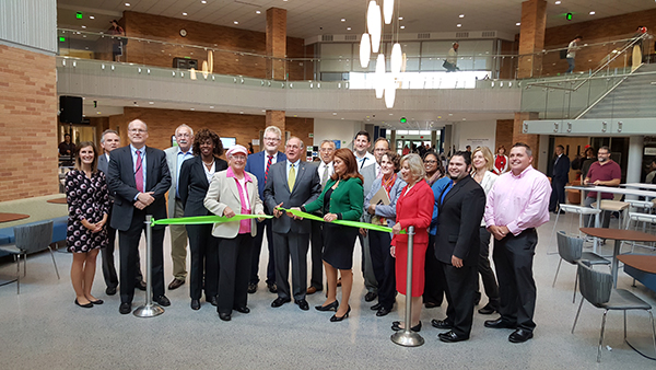 College of Lake County administrators, board members, and consultants gathered in the college’s Student Commons to celebrate the completion of its rejuvenated campus core.