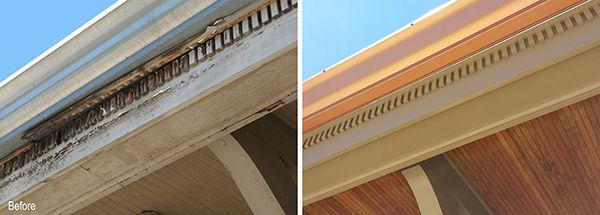 Deteriorated and new gutters, dentil molding, and beadboard.