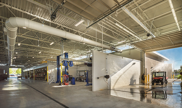 Heated garages at Joliet Junior College’s Facility Services Building (topmost image) and College of DuPage’s Campus Maintenance Center (pictured here) bring all vehicles and equipment under one roof to improve efficiencies and reduce environmental impact.