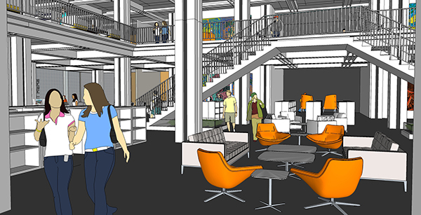 This conceptual design celebrates the A-shaped staircase that has long been a beloved component of the Davenport Public Library.