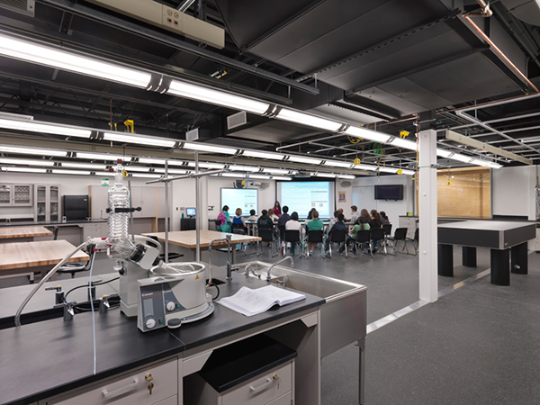Durable materials and exposed systems give the STEM labs at Niles North and West High Schools an industrial research aesthetic.