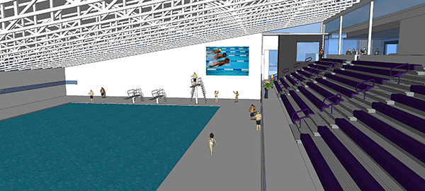 In the Olympic-size pool, bleachers on the mezzanine level rise to a walkway with a raised counter that holds spectator food/drink items. A large window displays the rooftop deck.