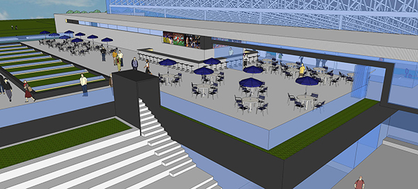 A grand outdoor stair leads to a rooftop deck that accommodates everyone from swim meet participants to those watching soccer games on adjacent fields.