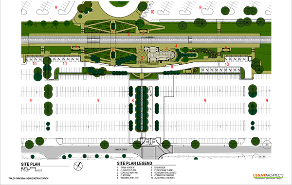 Both those with and without disabilities use the gently sloping ramps that pass through a landscaped area to get to the Tinley Park 80th Avenue Train Station underpass. Click on the image for a better view. 