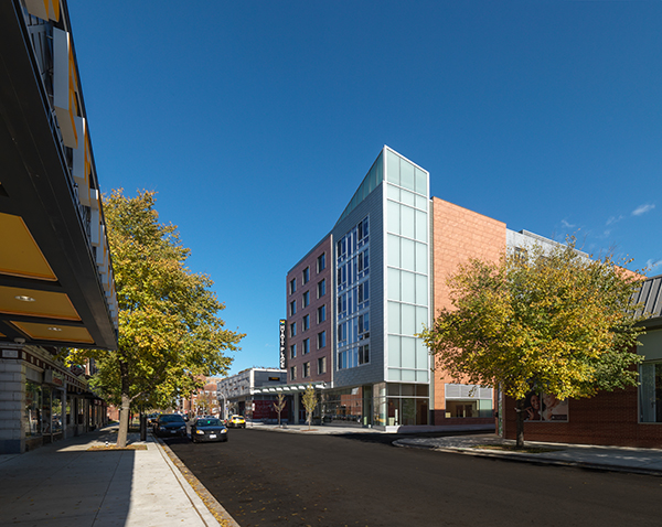 This view from the historic Harper Theater shows how Hyatt Place Chicago South/University Medical Center fits into the Harper Court development. 