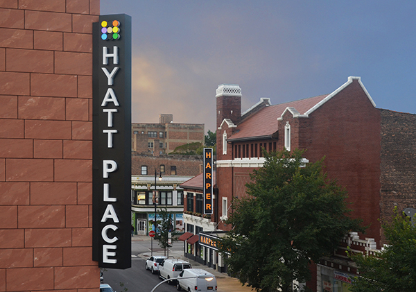 Materials and signage (left) announce the Hyatt Place brand and complement the Hyde Park neighborhood.