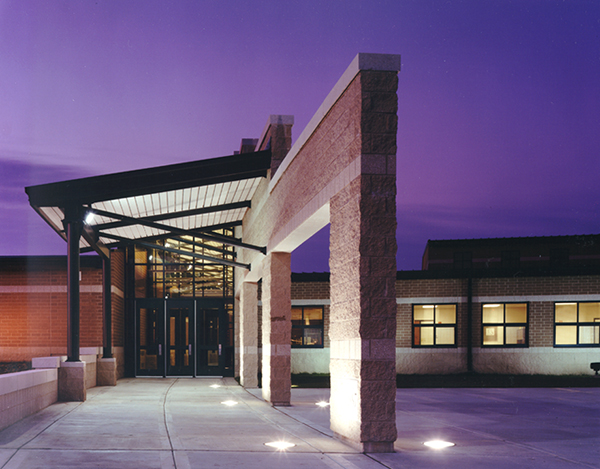 school entry at dusk