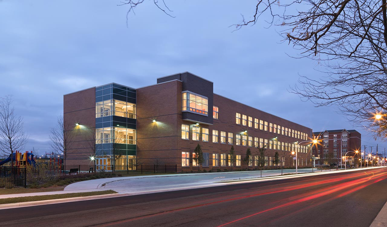 Chicago school illuminated at night