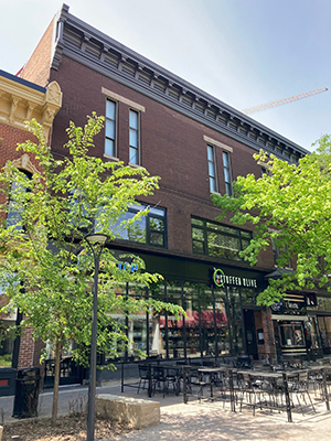 Exterior of two-story historic brick building