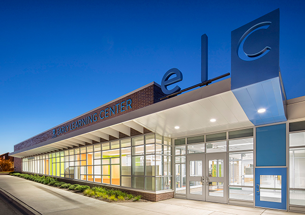 nighttime view of early learning center entry