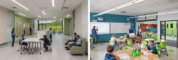 students in collaborative corridor, students in classroom with blue teaching wall