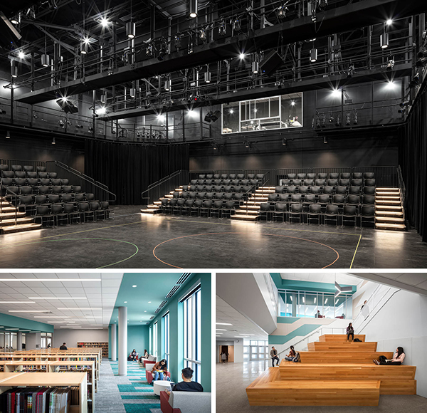 collage including black box theater, library, and students sitting on large staircase