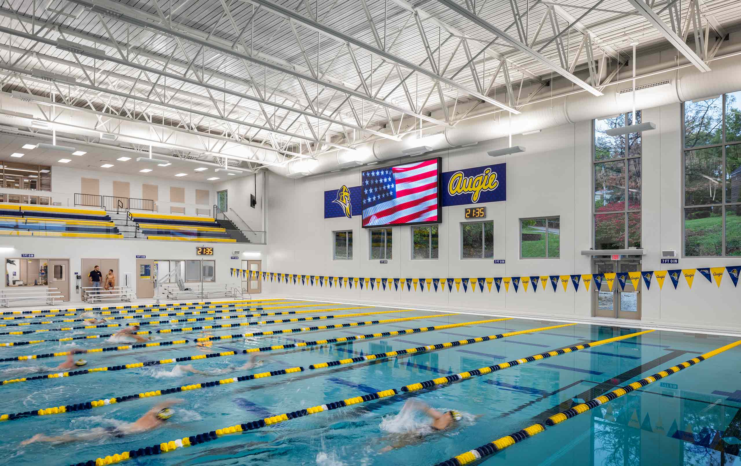 Students swimming room at Anne Greve Lund Natatorium in Augustana College's Lindberg Center.