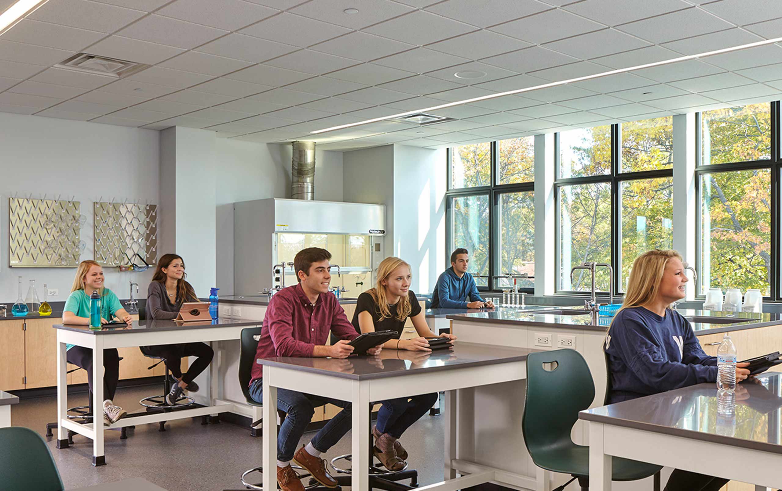 A group of students in class at Glenbard West High School