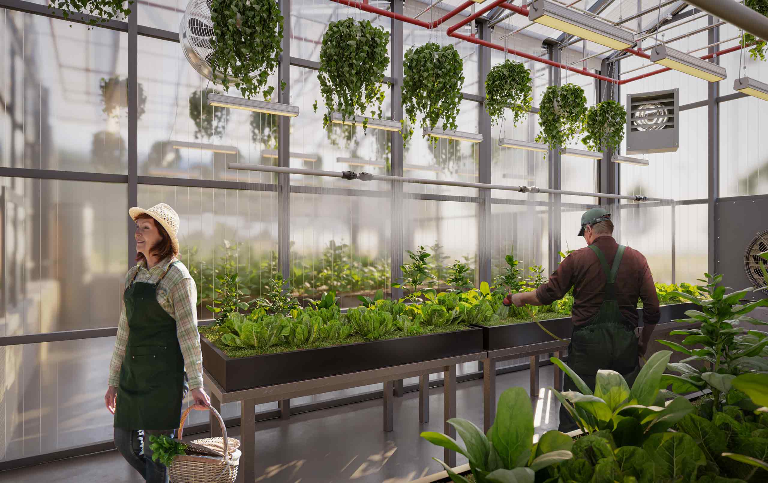 People watering plants in greenhouse at Heartland Community College Net Zero Agricultural Complex