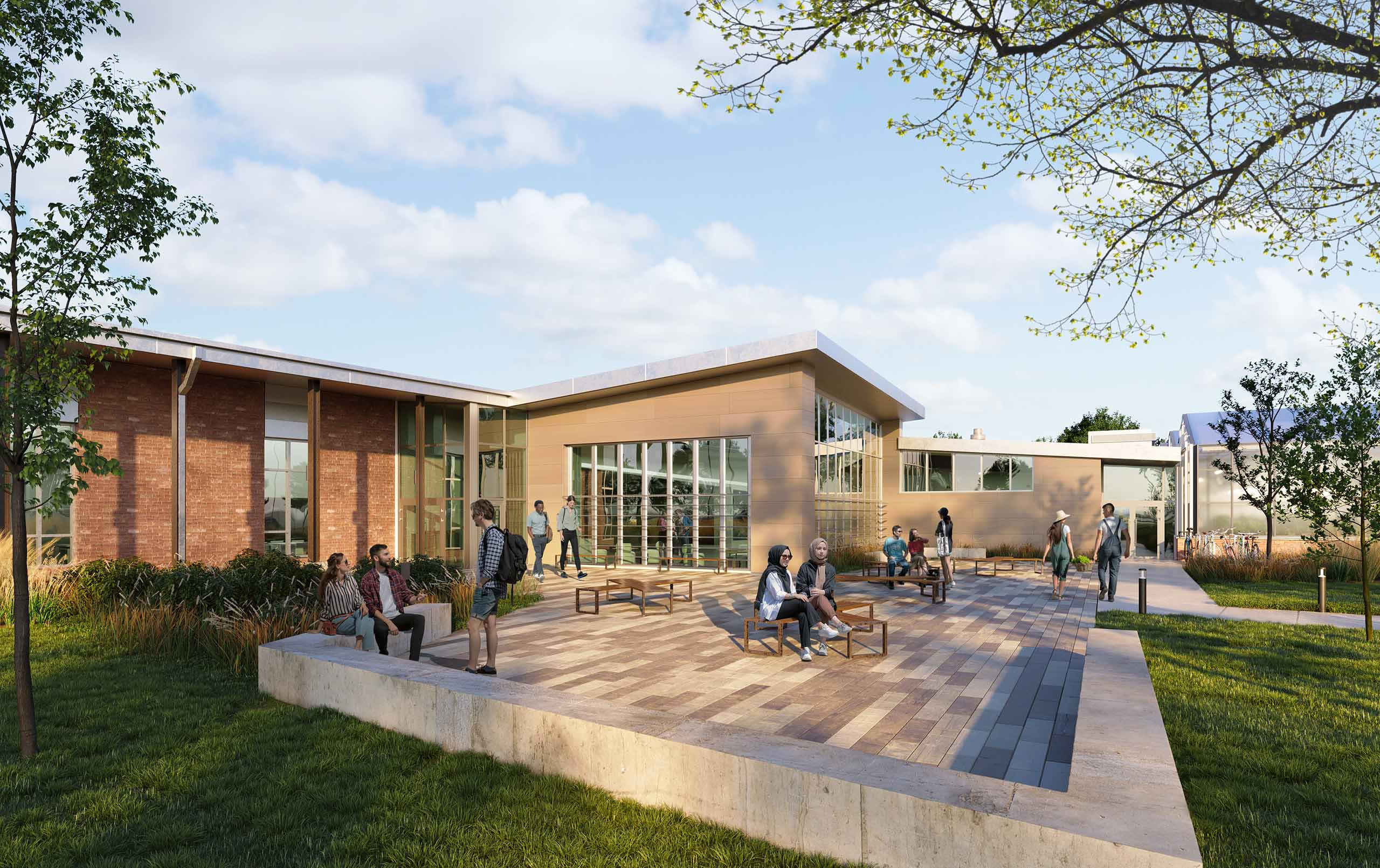 Students hanging out at exterior patio at Heartland Community College Net Zero Agricultural Complex 