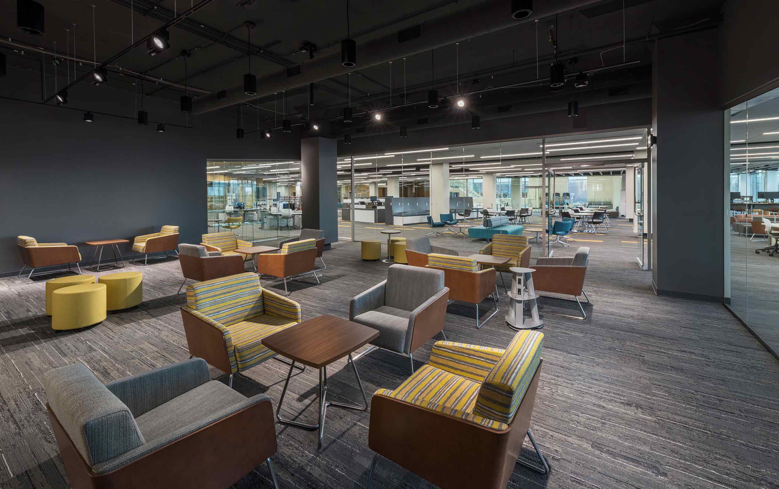 Interior of student study room at Harper College Library. 