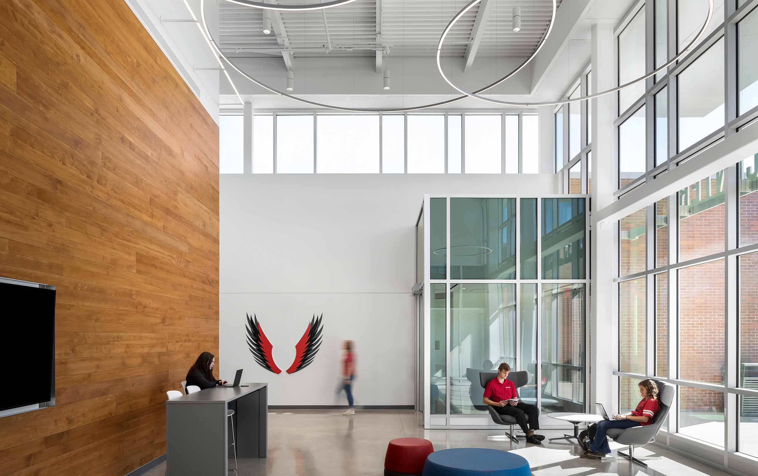 Light-filled lobby with students