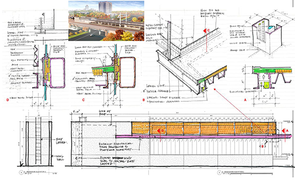 Section plans and renderings for train station