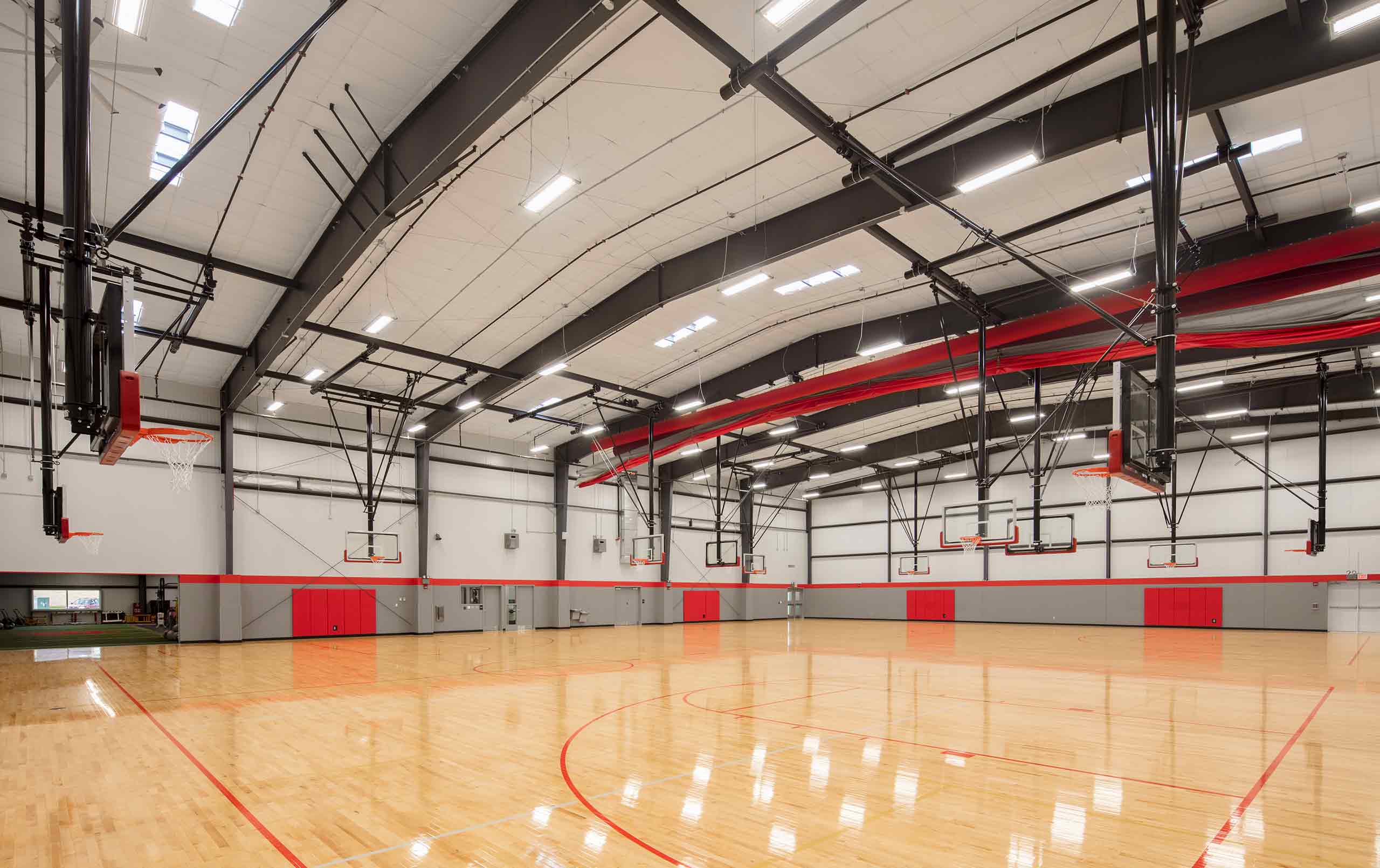 A full view of North Scott High School's indoor basketball court.