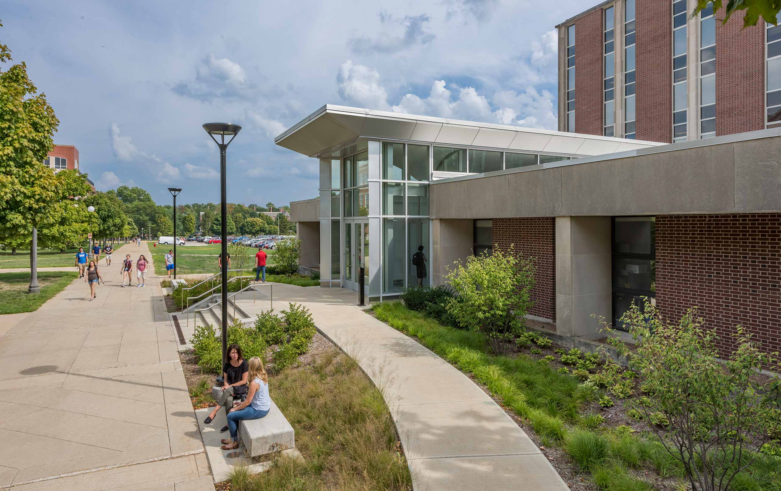 Exterior of Turner Hall building with students walking to class.