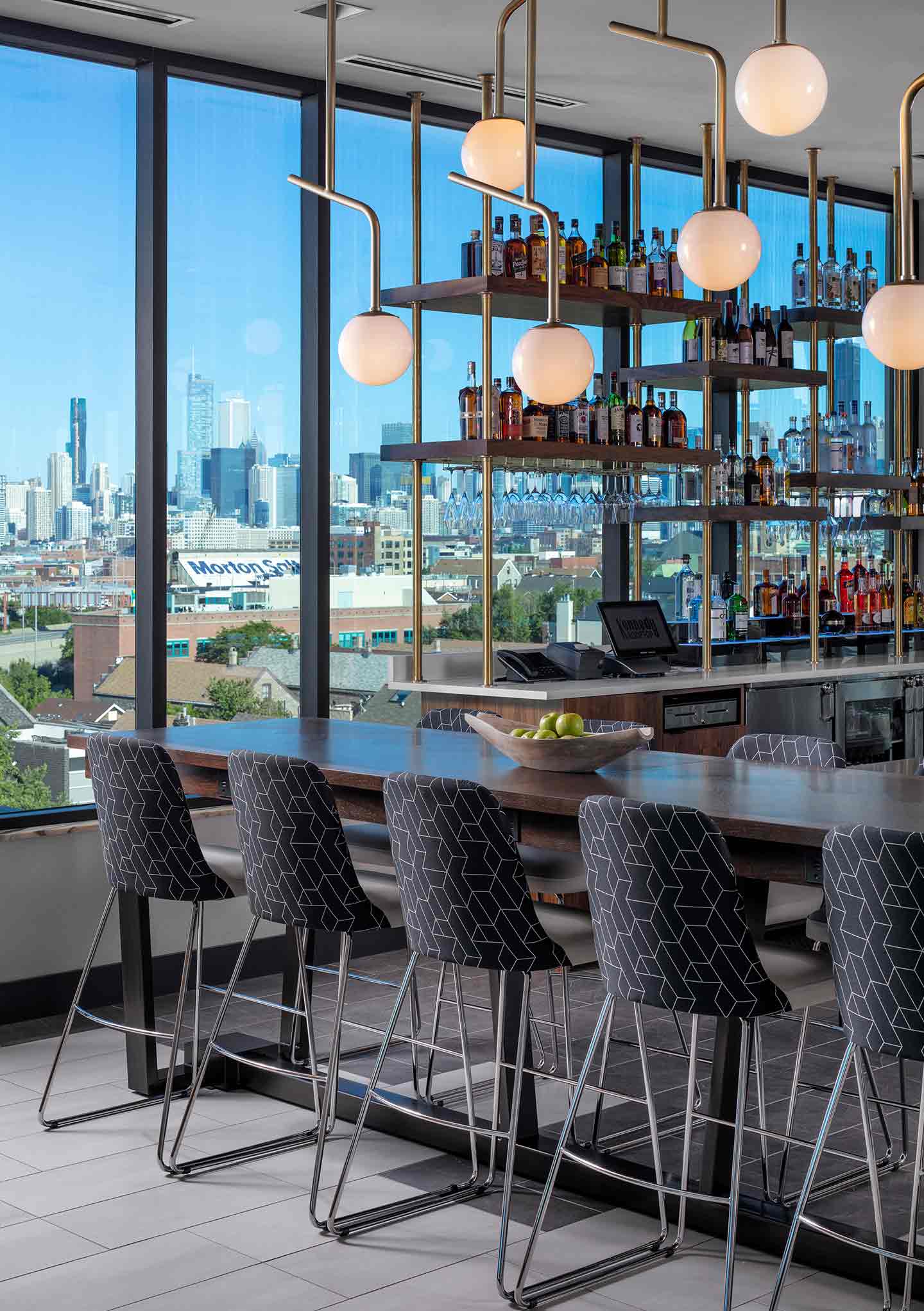 Interior Hotel Bar Lounge with Light Fixtures