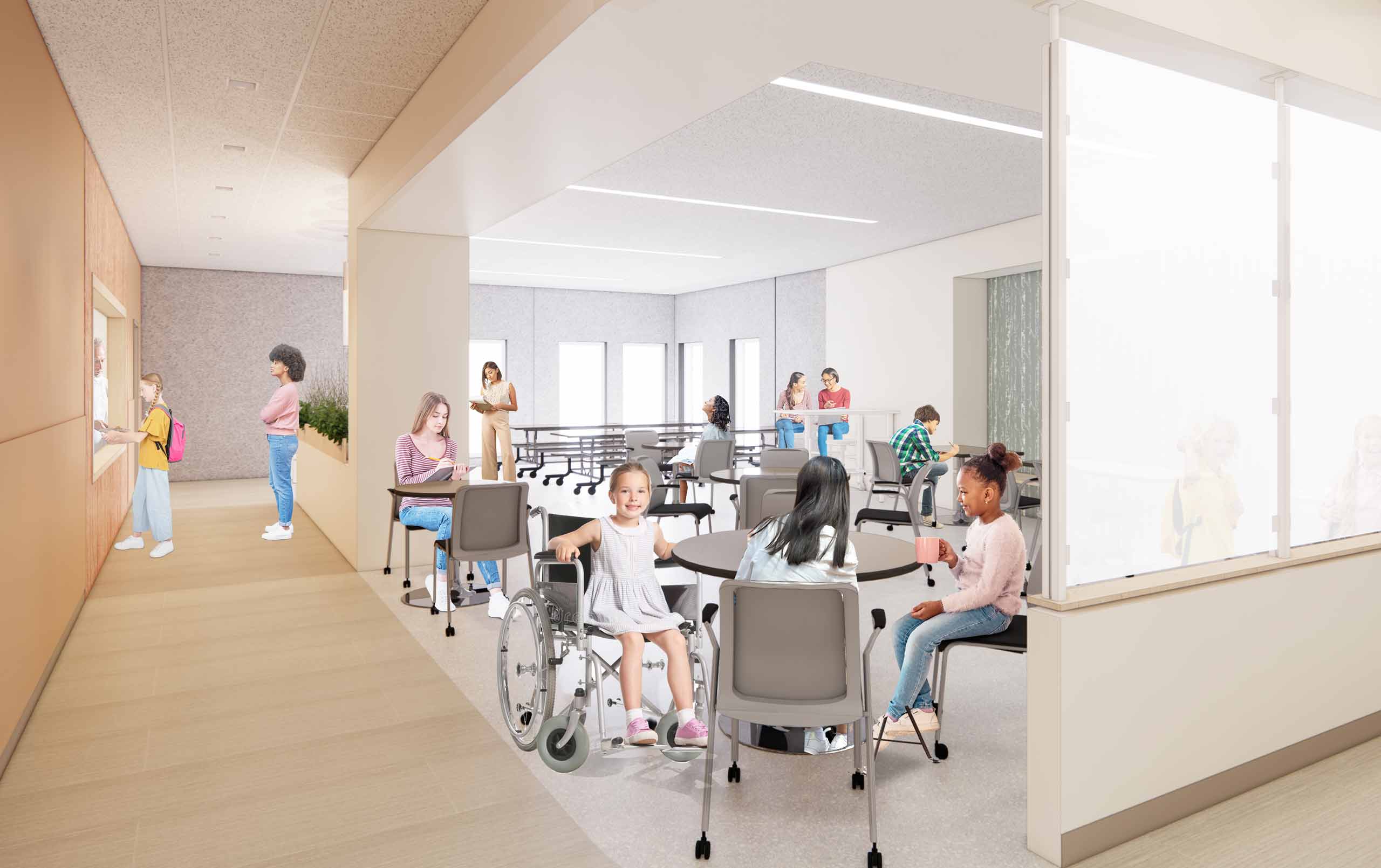 Rendering of A.E.R.O. Therapeutic Center cafeteria with students