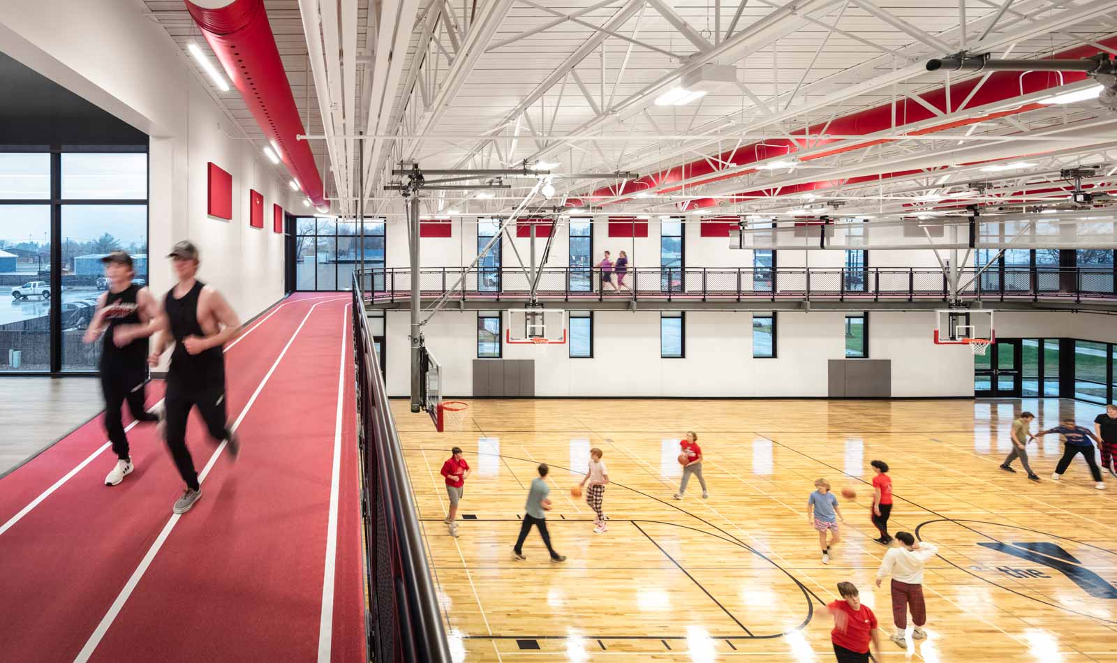 North Scott YMCA upper level walk-jog track looking down on basketball court