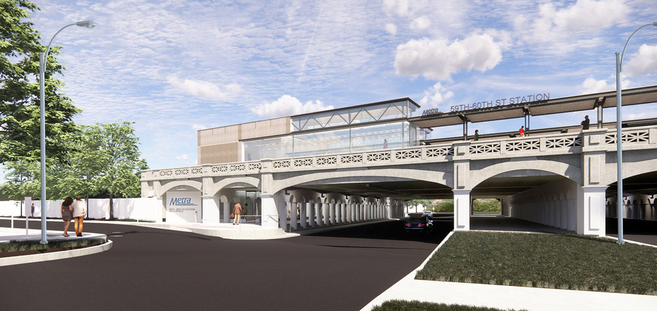 Rendering of elevated train station with glass walls