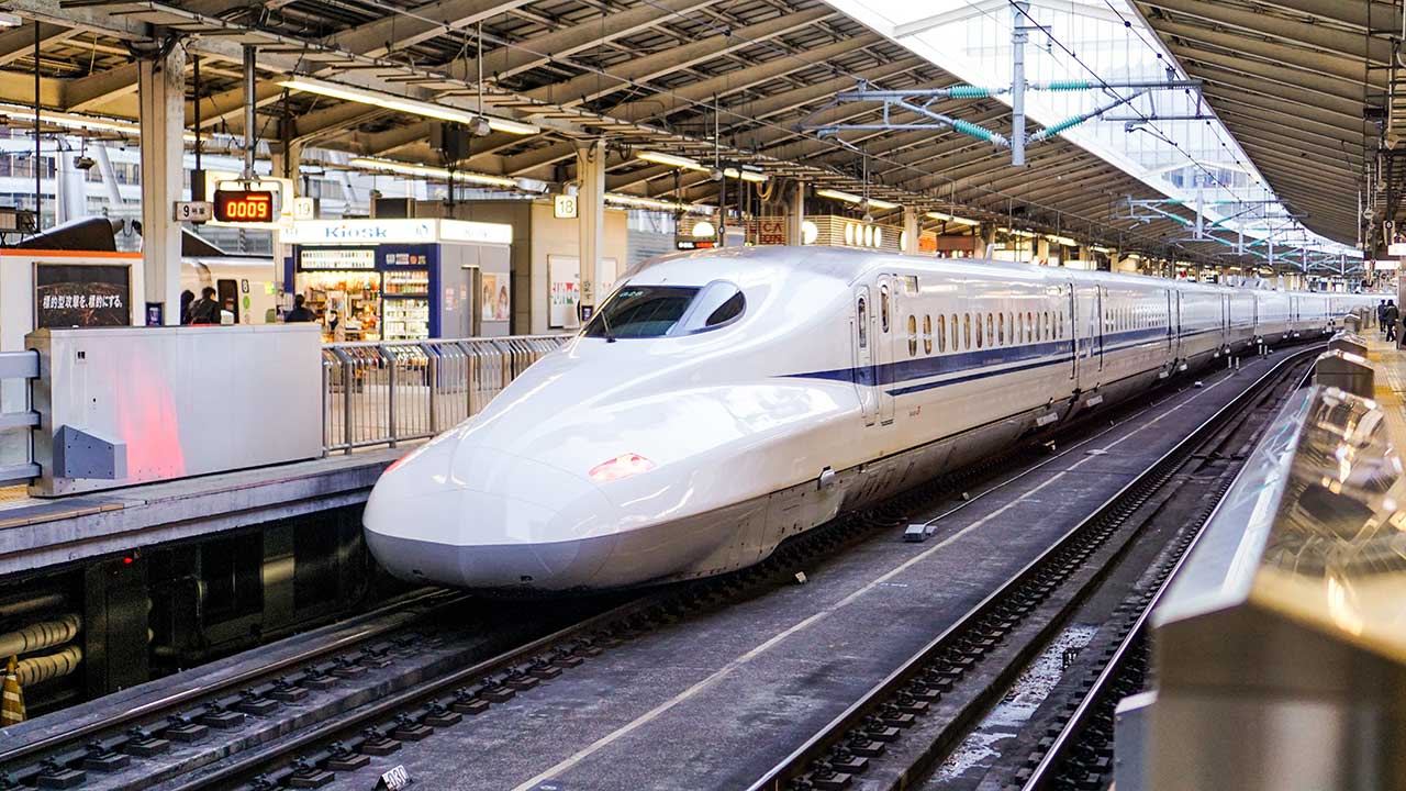 Bullet train at contemporary station