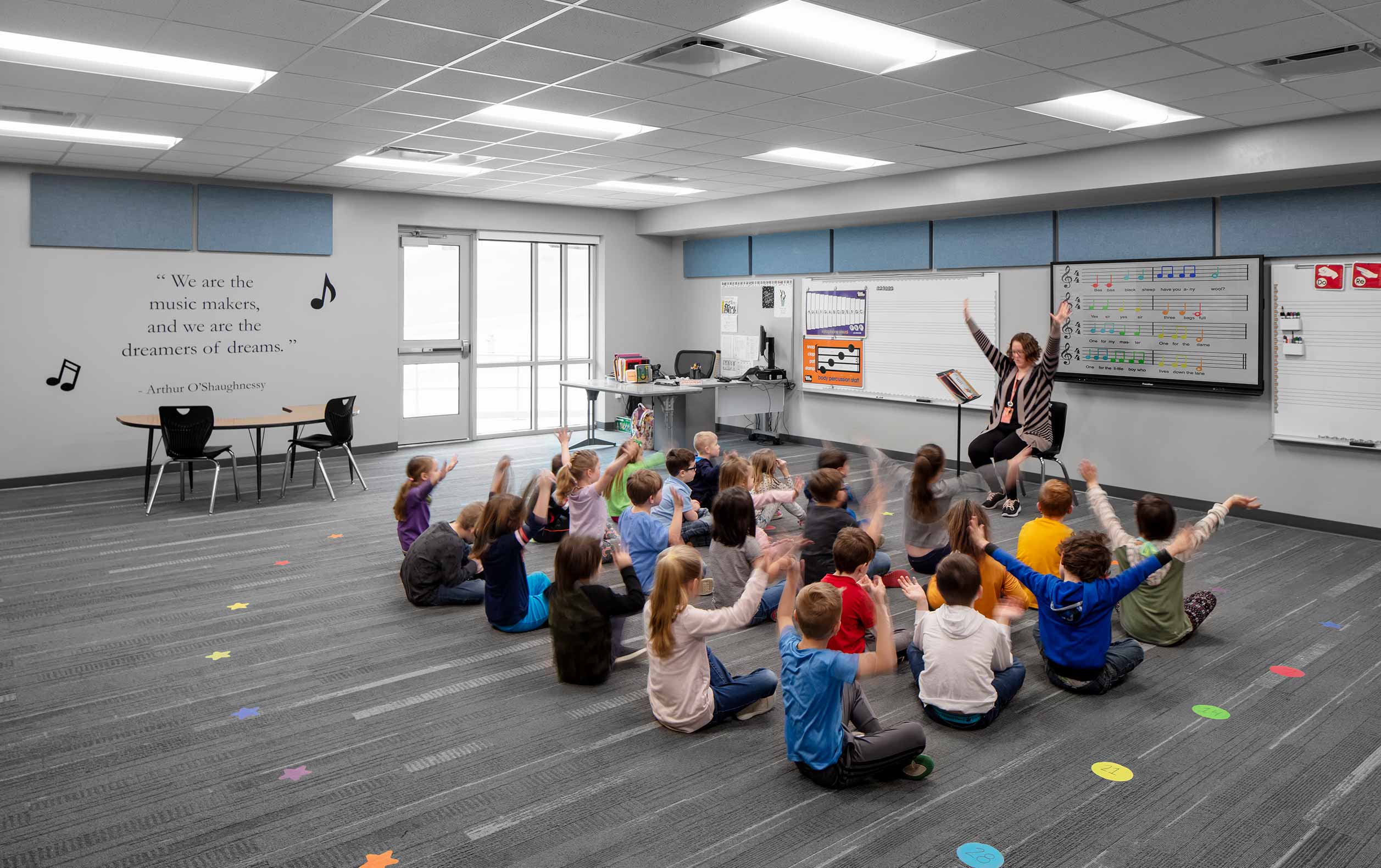 Teacher with elementary students in music room
