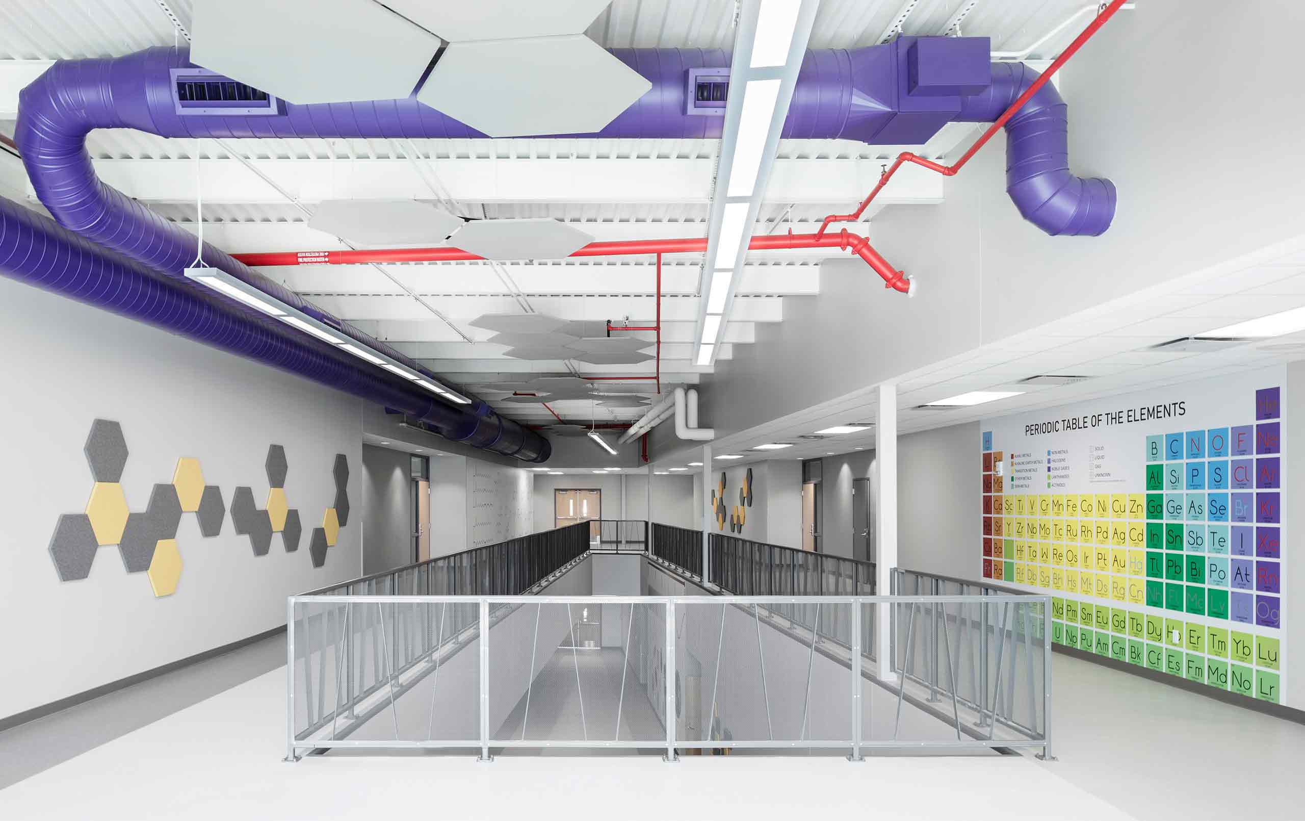 Muscatine High school upper corridor with views to lower corridor and periodic table of the elements on the wall