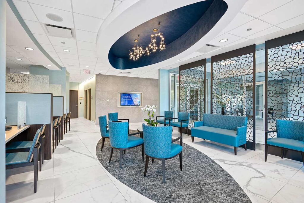 Healthcare lobby with ceiling feature and bright seating