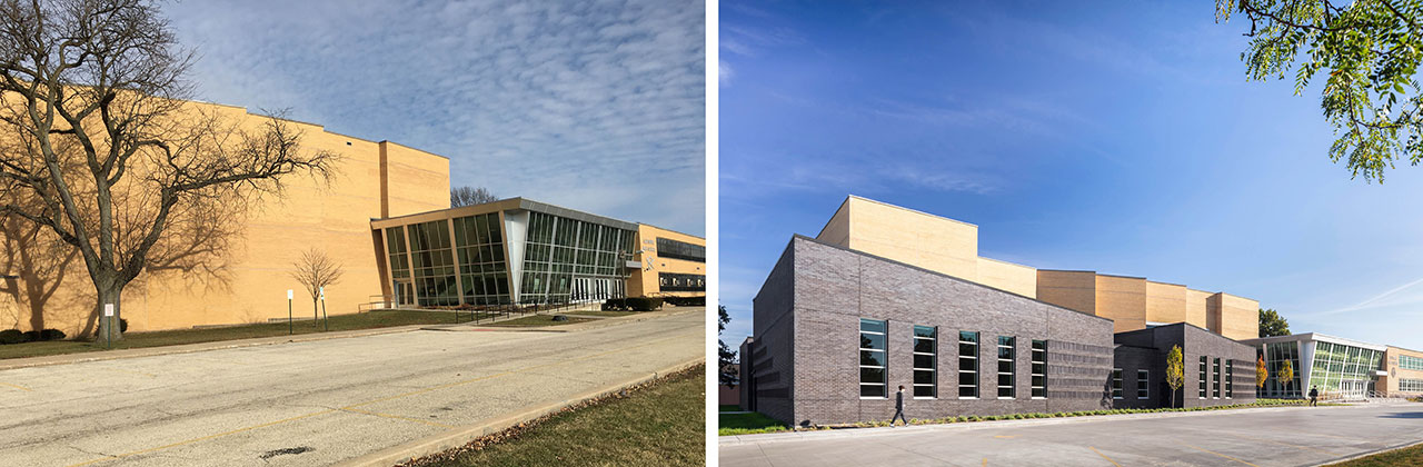 Left image shows building exterior with light masonry. Right image shows exterior with darker masonry addition.
